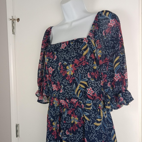 Trixxi Dress Womens Large Floral Square Neck Puff Sleeve Ruffle Boho Chiffon - Picture 7 of 16